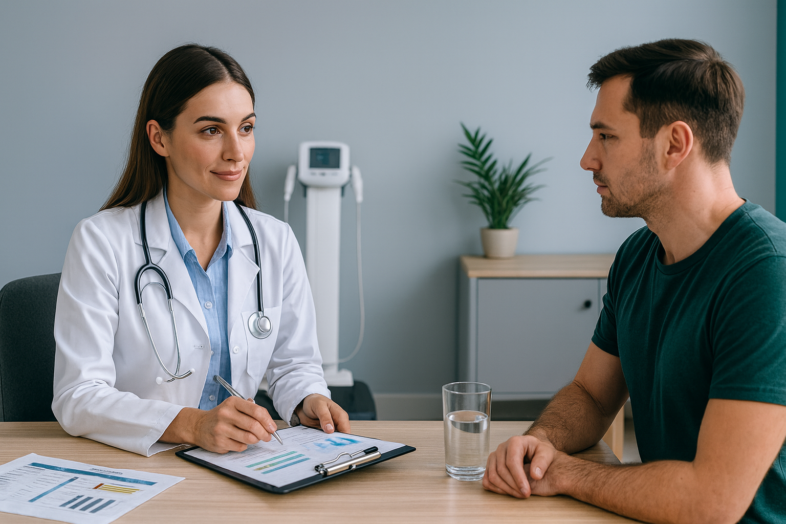 Consulta de nutrologia: médica explica dados de composição corporal ao paciente