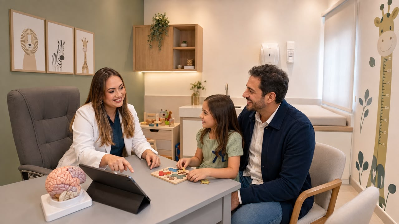 Dra. Bruna em consulta de Neuropediatria com pai e filha na Saúde Agora em Goiânia