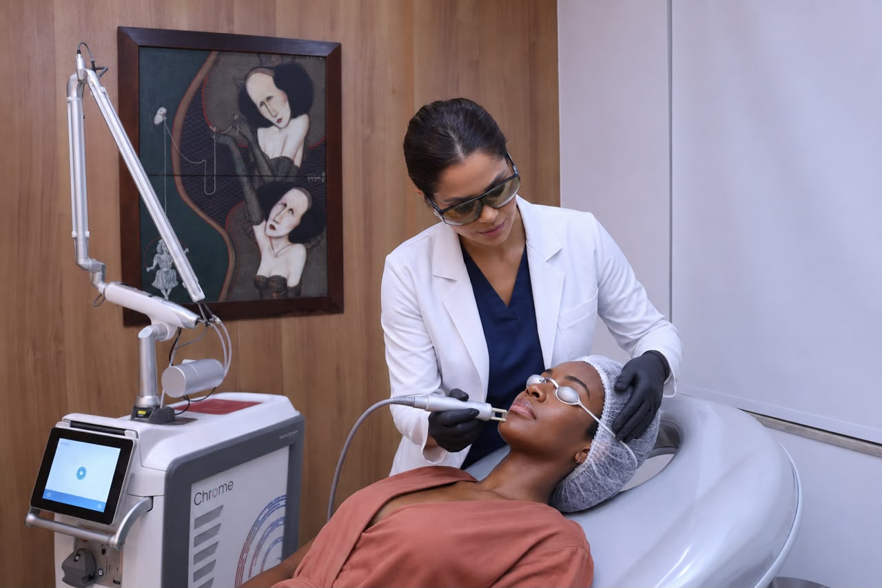 Dermatologista realizando procedimento com Laser CHROME na Saúde Agora
