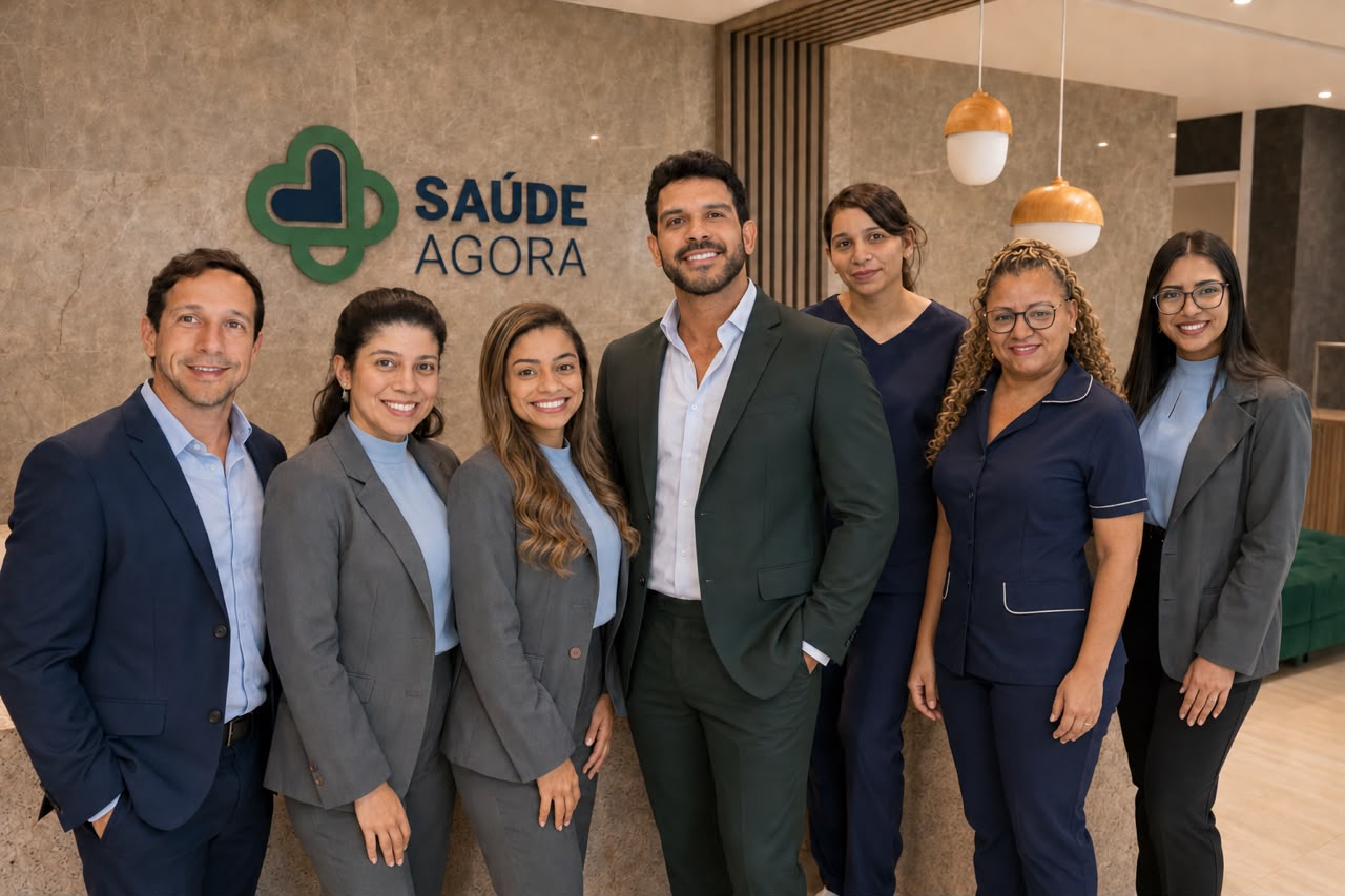 Equipe da Saúde Agora reunida na recepção