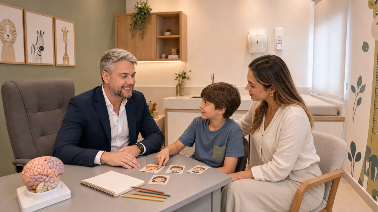 Dr. Leonardo em consulta de Psiquiatria Infantil com mãe e filho na Saúde Agora em Goiânia