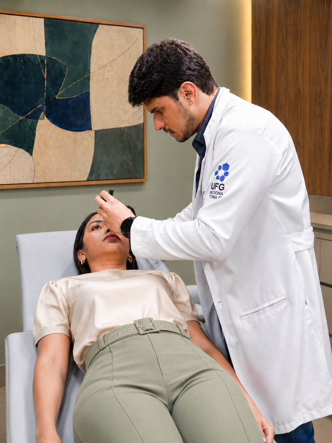 Dr. Lucas realizando avaliação médica em Gláucia na Saúde Agora