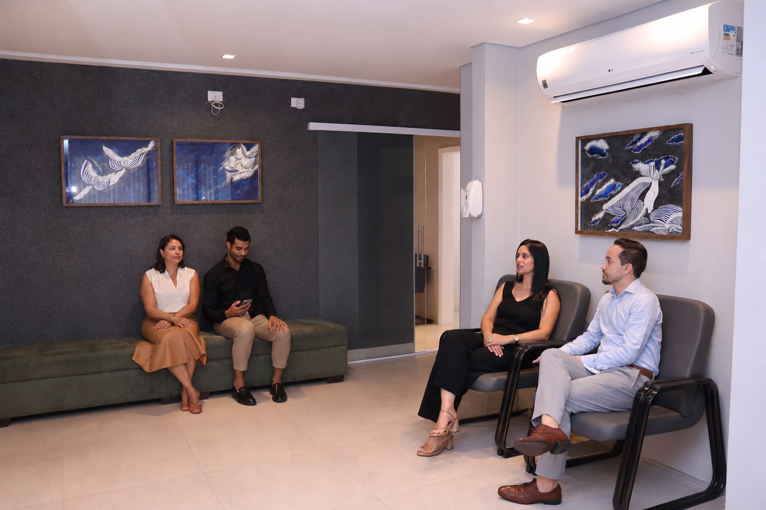 Sala de espera da Saúde Agora em funcionamento, com pacientes e obras de arte