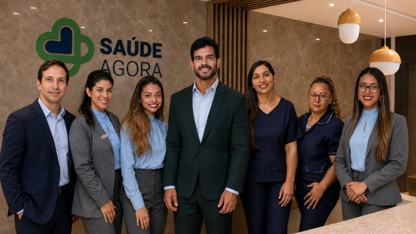 Equipe interna da Saúde Agora reunida na recepção principal em Goiânia